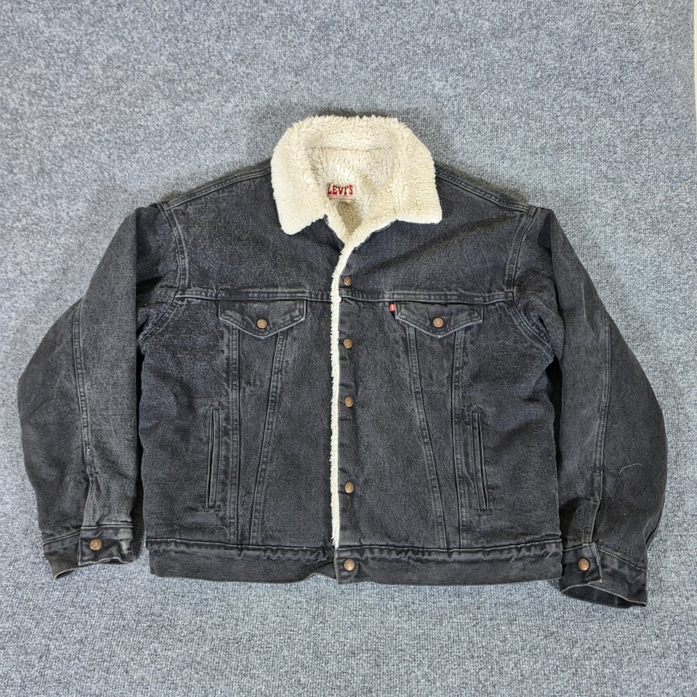 Vintage 80s Levis Sherpa Lined Trucker Jacket Black Made in USA XL Men Stains